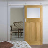 Top Mounted Stainless Steel Sliding Track & Door - 1930's Oak Door - Frosted Glass - Unfinished