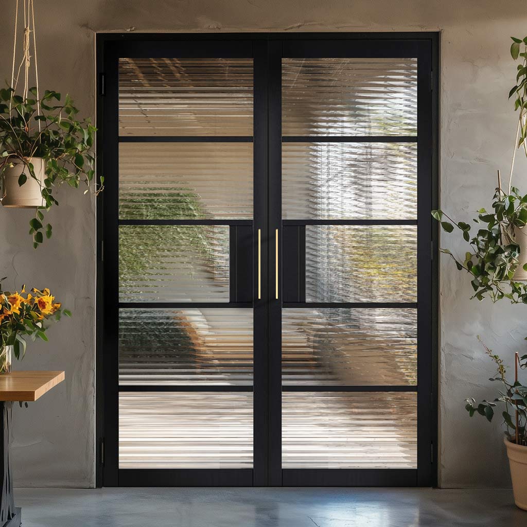 Metro Black Industrial Door Pair with Reeded  Glass - Prefinished