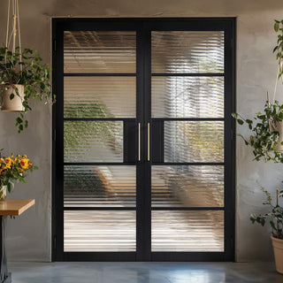 Image: Metro Black Industrial Door Pair with Reeded  Glass - Prefinished