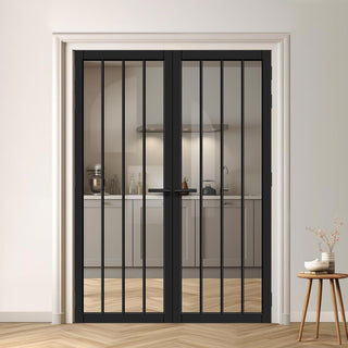 Image: Adiba Solid Wood Internal Door Pair UK Made DD0106C Clear Glass - Shadow Black Premium Primed - Urban Lite® Bespoke Sizes