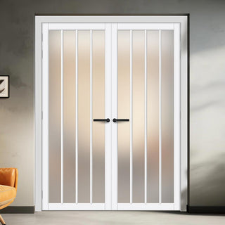 Image: Adiba Solid Wood Internal Door Pair UK Made DD0106F Frosted Glass - Cloud White Premium Primed - Urban Lite® Bespoke Sizes