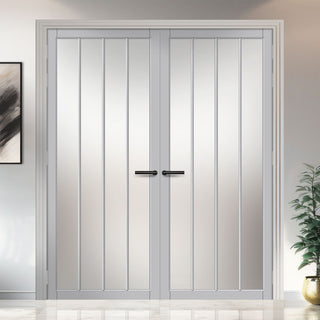 Image: Adiba Solid Wood Internal Door Pair UK Made DD0106F Frosted Glass - Mist Grey Premium Primed - Urban Lite® Bespoke Sizes