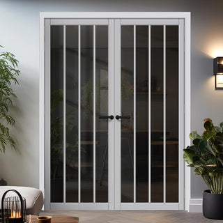 Image: Adiba Solid Wood Internal Door Pair UK Made DD0106T Tinted Glass - Mist Grey Premium Primed - Urban Lite® Bespoke Sizes