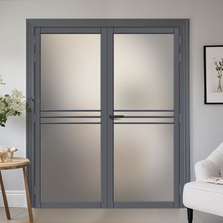 Image: Adina Solid Wood Internal Door Pair UK Made DD0107F Frosted Glass - Stormy Grey Premium Primed - Urban Lite® Bespoke Sizes