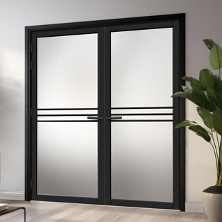 Image: Adina Solid Wood Internal Door Pair UK Made DD0107F Frosted Glass - Shadow Black Premium Primed - Urban Lite® Bespoke Sizes