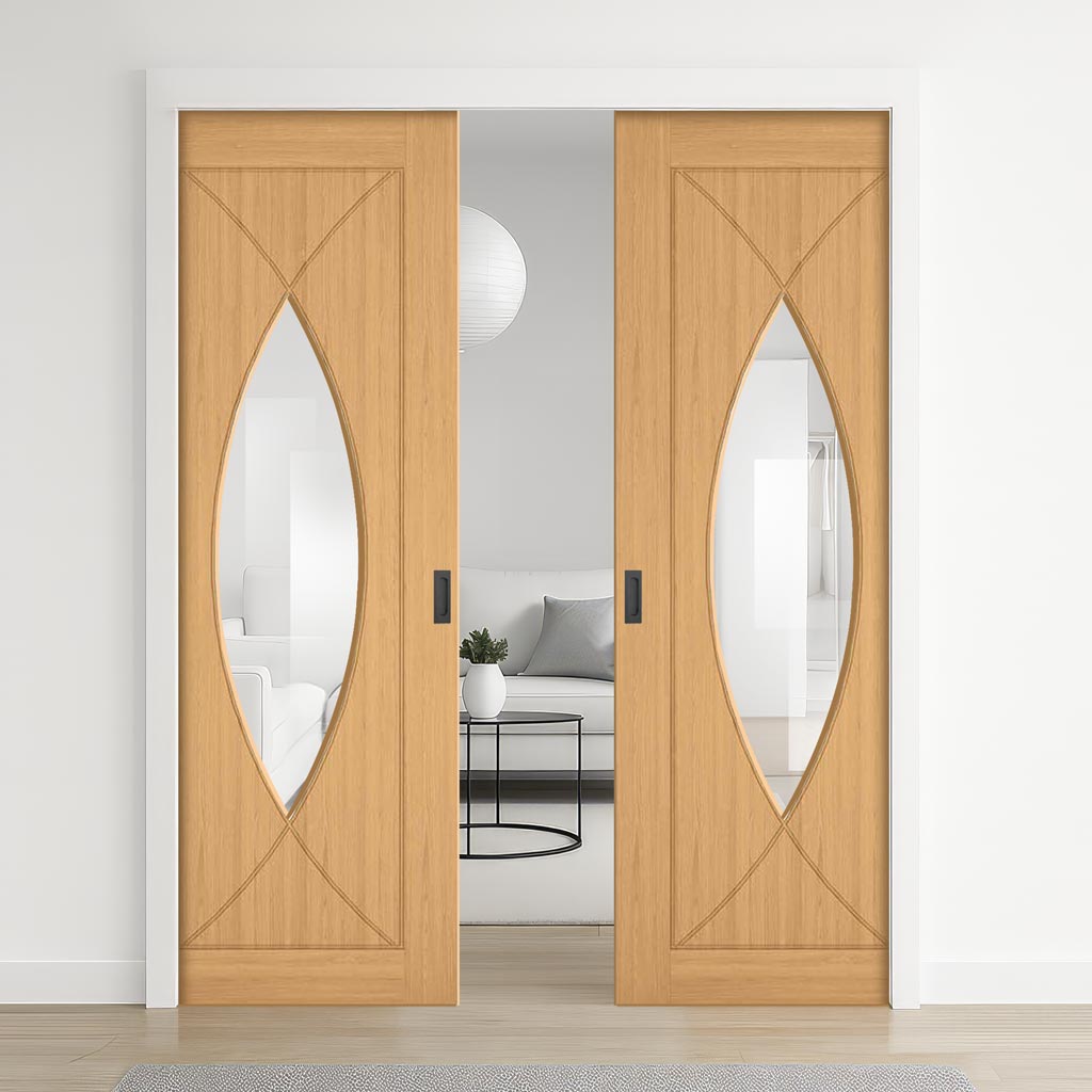 Amalfi Oak Double Evokit Pocket Doors - Prefinished - Clear Glass