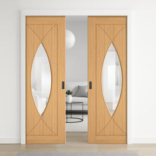 Image: Amalfi Oak Double Evokit Pocket Doors - Prefinished - Clear Glass