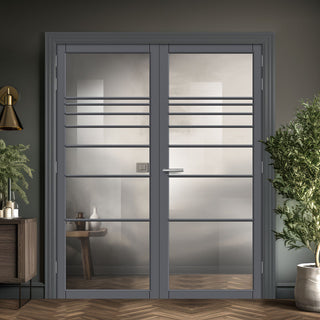 Image: Amoo Solid Wood Internal Door Pair UK Made DD0112C Clear Glass - Stormy Grey Premium Primed - Urban Lite® Bespoke Sizes