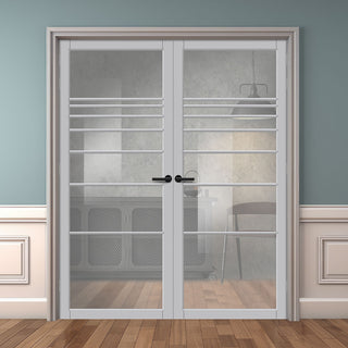 Image: Amoo Solid Wood Internal Door Pair UK Made DD0112C Clear Glass - Mist Grey Premium Primed - Urban Lite® Bespoke Sizes