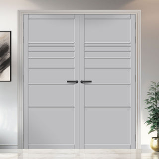 Image: Amoo Panel Solid Wood Internal Door Pair UK Made DD0112P - Mist Grey Premium Primed - Urban Lite® Bespoke Sizes