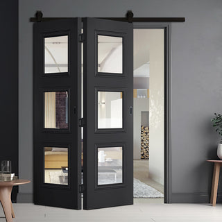 Image: Sliding Top Mounted Black Folding Track & Double Door - Antwerp 3 Pane Black Primed Door - Clear Glass