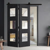 Sliding Top Mounted Black Folding Track & Double Door - Antwerp 3 Pane Black Primed Door - Clear Glass