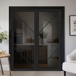 Image: Aria Solid Wood Internal Door Pair UK Made DD0124T Tinted Glass - Shadow Black Premium Primed - Urban Lite® Bespoke Sizes