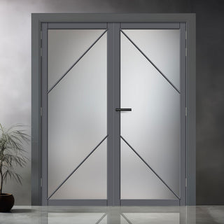 Image: Aria Solid Wood Internal Door Pair UK Made DD0124F Frosted Glass - Stormy Grey Premium Primed - Urban Lite® Bespoke Sizes