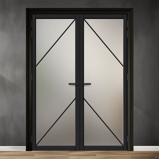Image: Aria Solid Wood Internal Door Pair UK Made DD0124F Frosted Glass - Shadow Black Premium Primed - Urban Lite® Bespoke Sizes