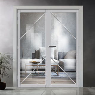 Image: Aria Solid Wood Internal Door Pair UK Made DD0124C Clear Glass - Mist Grey Premium Primed - Urban Lite® Bespoke Sizes