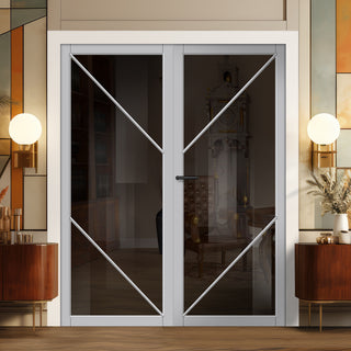 Image: Aria Solid Wood Internal Door Pair UK Made DD0124T Tinted Glass - Mist Grey Premium Primed - Urban Lite® Bespoke Sizes