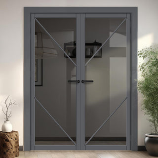 Image: Aria Solid Wood Internal Door Pair UK Made DD0124T Tinted Glass - Stormy Grey Premium Primed - Urban Lite® Bespoke Sizes