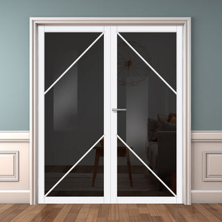 Image: Aria Solid Wood Internal Door Pair UK Made DD0124T Tinted Glass - Cloud White Premium Primed - Urban Lite® Bespoke Sizes