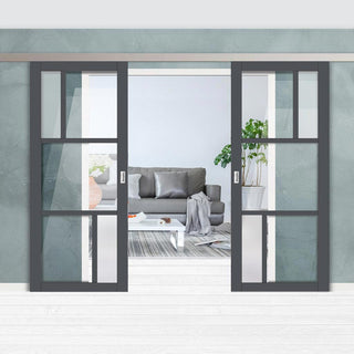 Image: Double Sliding Door & Premium Wall Track - Eco-Urban® Arran 5 Pane Doors DD6432G Clear Glass(2 FROSTED PANES) - 6 Colour Options