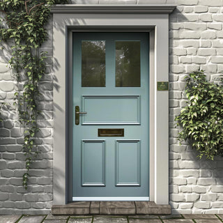 Image: A traditional blue front door with a frame, depicted in an illustration set against a brick wall with plants on either side.