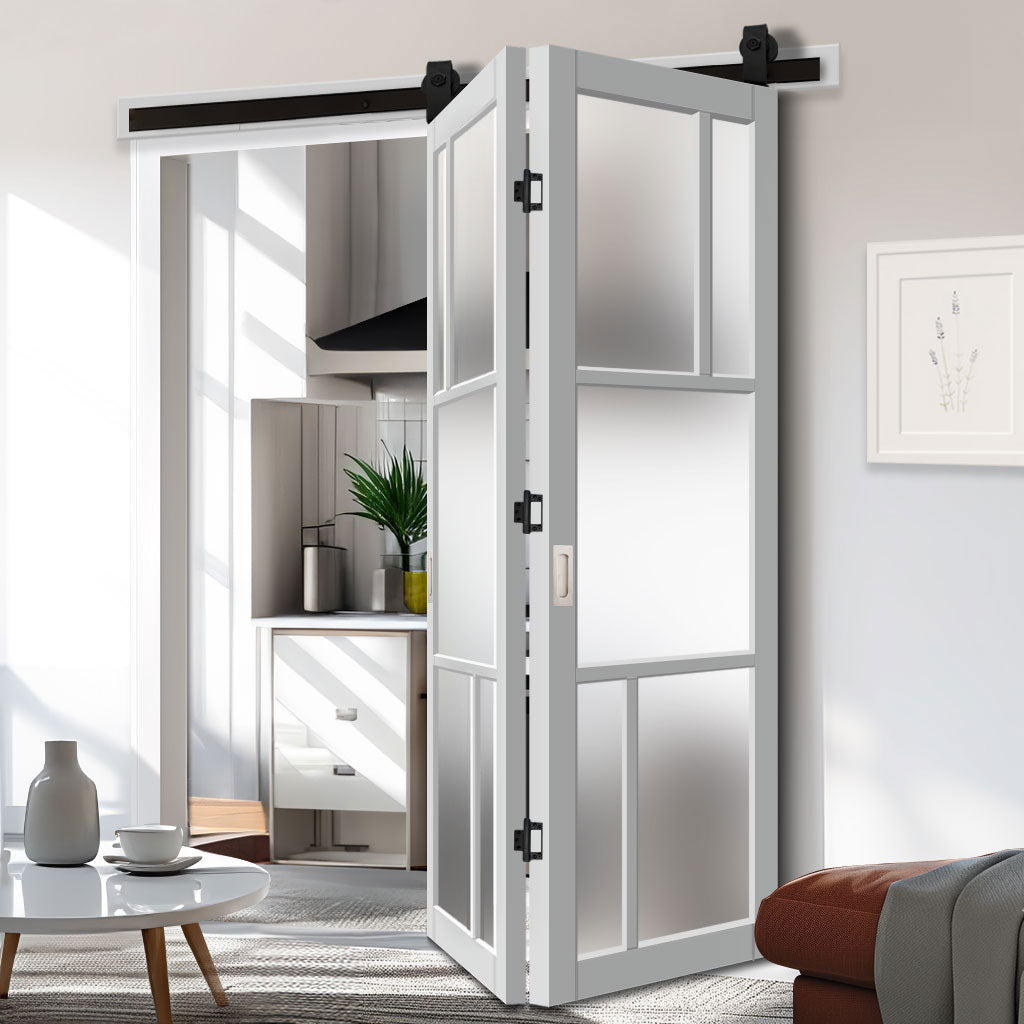 Sliding Top Mounted Black Folding Track & Double Door - Eco-Urban® Arran 5 Pane Solid Wood Door DD6432SG Frosted Glass - Premium Primed Colour Options