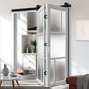 Sliding Top Mounted Black Folding Track & Double Door - Eco-Urban® Arran 5 Pane Solid Wood Door DD6432SG Frosted Glass - Premium Primed Colour Options