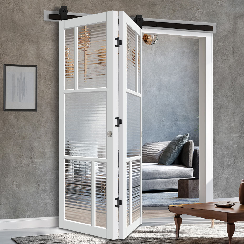 Sliding Top Mounted Black Folding Track & Double Door - Handcrafted Eco-Urban Arran 5 Pane Solid Wood Door DD6432R Clear Reeded Glass - Premium Primed Colour Options