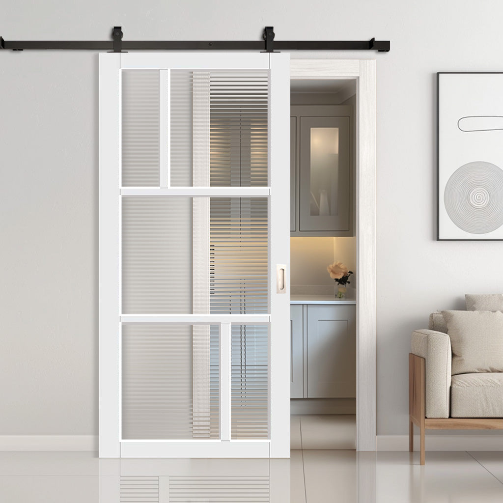 Top Mounted Black Sliding Track & Solid Wood Door - Handcrafted Eco-Urban Arran 5 Pane Solid Wood Door DD6432R Clear Reeded Glass - Cloud White Premium Primed