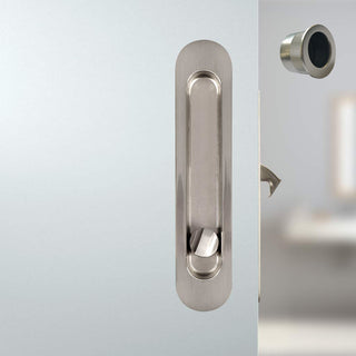 Image: Aspen Pocket Door Oval (Oblong) Bathroom Lock Turn - Satin Nickel