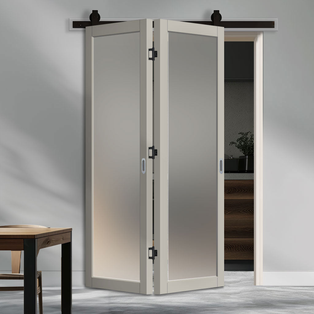 Sliding Top Mounted Black Folding Track & Double Door - Eco-Urban® Baltimore 1 Pane Solid Wood Door DD6301SG - Frosted Glass - Premium Primed Colour Options