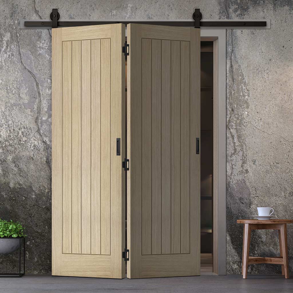 Sliding Top Mounted Black Folding Track & Double Door - Belize Light Grey Door - Prefinished