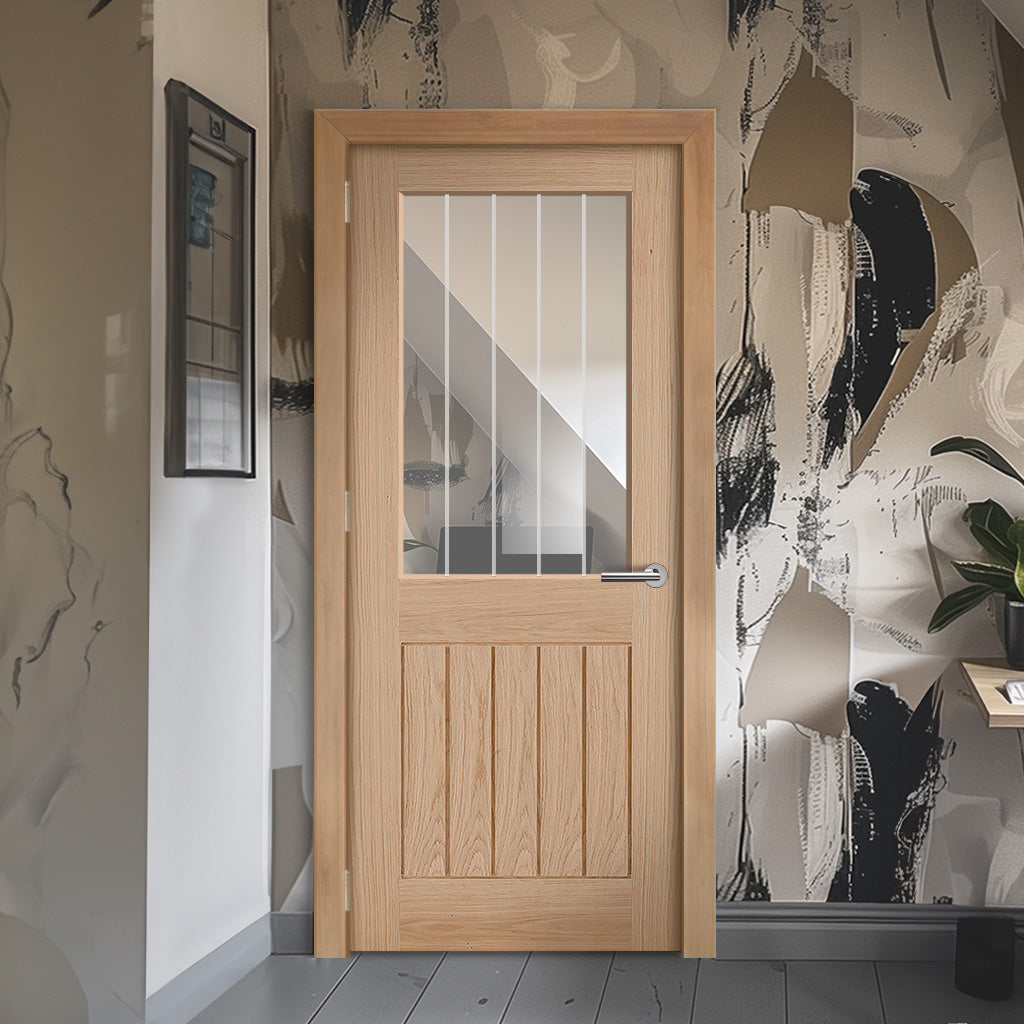 EasiKit Internal Door and Frame Kit - Belize Oak Internal Door - Silkscreen Etched Clear Glass