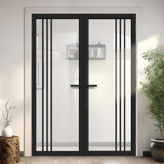 Image: Bella Solid Wood Internal Door Pair UK Made DD0103C Clear Glass - Shadow Black Premium Primed - Urban Lite® Bespoke Sizes
