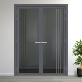 Image: Bella Solid Wood Internal Door Pair UK Made DD0103T Tinted Glass - Stormy Grey Premium Primed - Urban Lite® Bespoke Sizes
