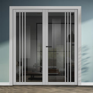 Image: Bella Solid Wood Internal Door Pair UK Made DD0103T Tinted Glass - Mist Grey Premium Primed - Urban Lite® Bespoke Sizes