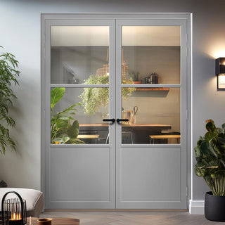 Image: Berkley 2 Pane 1 Panel Solid Wood Internal Door Pair UK Made DD6309G - Clear Glass - Eco-Urban® Mist Grey Premium Primed
