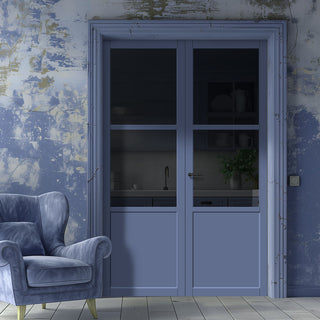 Image: Berkley 2 Pane 1 Panel Solid Wood Internal Door Pair UK Made DD6309 - Tinted Glass - Eco-Urban® Heather Blue Premium Primed