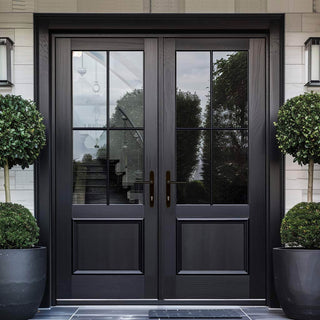 Image: A pair of black French doors with double glazing and a handle on the right, leading to a bright interior with a mirrored wall and a potted plant.