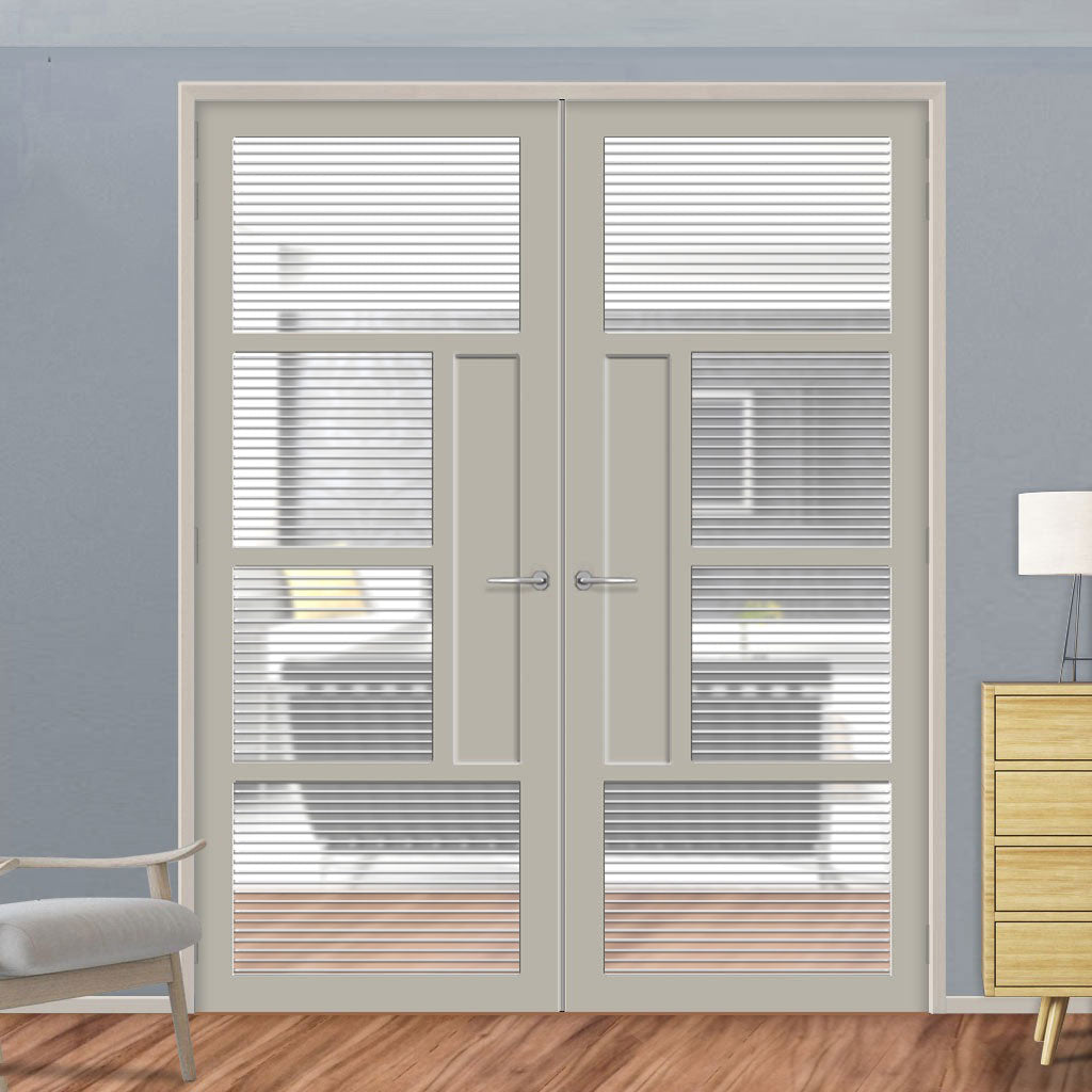 Boston 4 Pane Solid Wood Internal Door Pair UK Made DD6311 - Clear Reeded Glass - Eco-Urban® Mist Grey Premium Primed