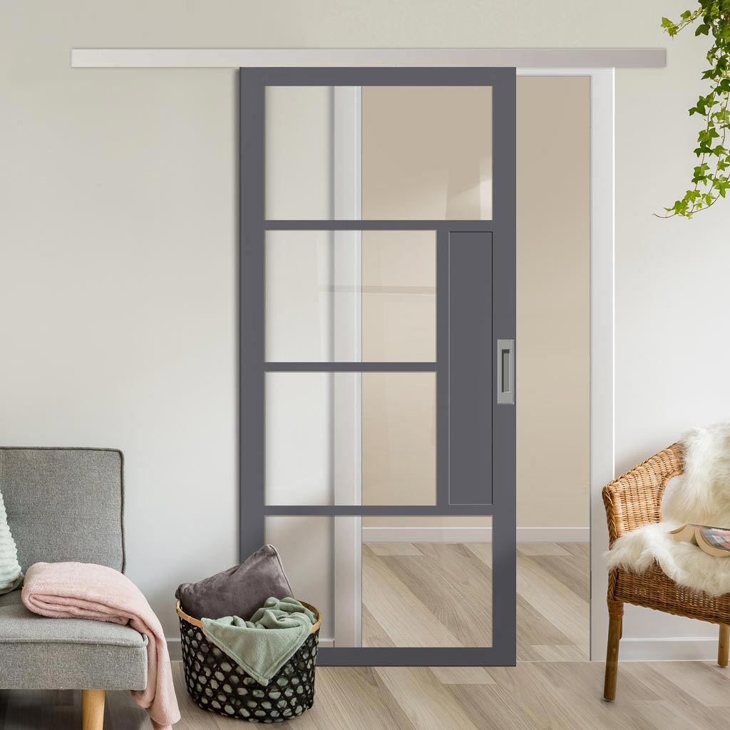 Single Sliding Door & Premium Wall Track - Eco-Urban® Boston 4 Pane Door DD6311G - Clear Glass - 6 Colour Options