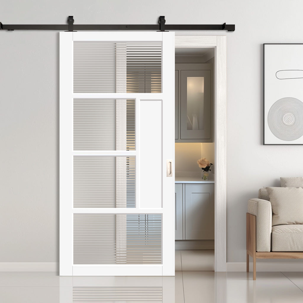 Top Mounted Black Sliding Track & Solid Wood Door - Handcrafted Eco-Urban Boston 4 Pane Solid Wood Door DD6311 - Clear Reeded Glass - Cloud White Premium Primed