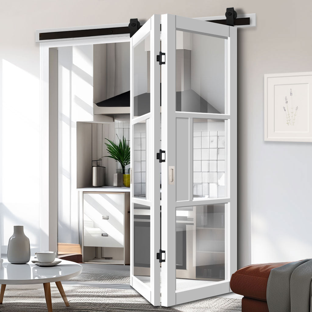 SpaceEasi Top Mounted Black Folding Track & Double Door - Eco-Urban® Breda 3 Pane 1 Panel Solid Wood Door DD6439G Clear Glass - Premium Primed Colour Options