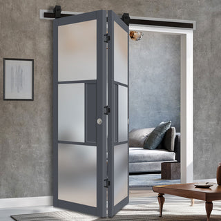 Image: SpaceEasi Top Mounted Black Folding Track & Double Door - Eco-Urban® Breda 3 Pane 1 Panel Solid Wood Door DD6439SG Frosted Glass - Premium Primed Colour Options