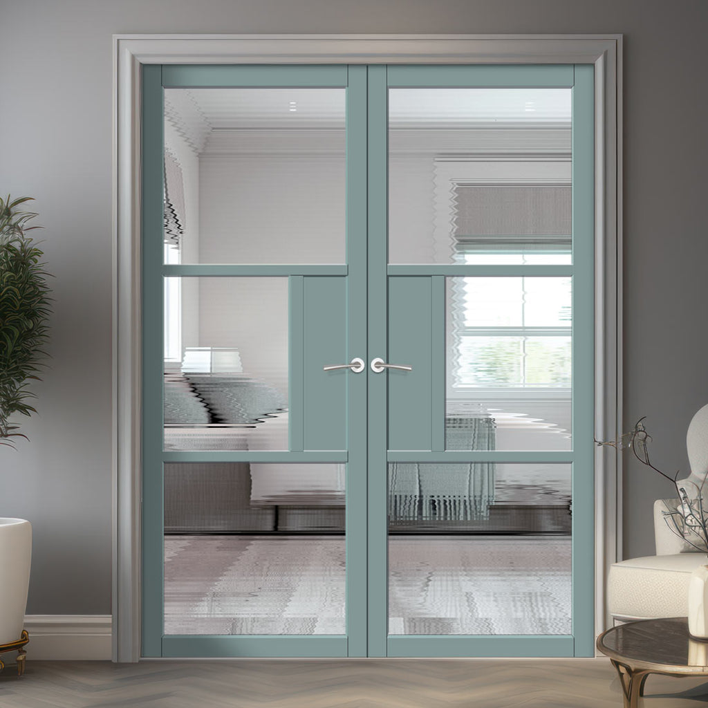 Breda 3 Pane 1 Panel Solid Wood Internal Door Pair UK Made DD6439 - Clear Reeded Glass - Eco-Urban® Sage Sky Premium Primed