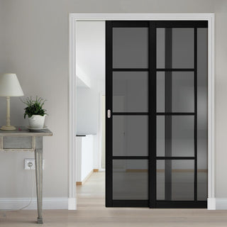 Image: Brixton Black Staffetta Twin Telescopic Pocket Door - Prefinished - Tinted Glass - Urban Collection