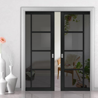 Image: Brixton Black Double Evokit Pocket Doors - Prefinished - Tinted Glass - Urban Collection