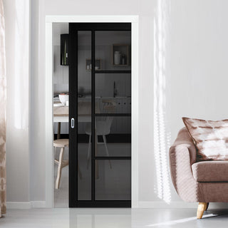 Image: Brixton Black Single Evokit Pocket Door - Prefinished - Tinted Glass - Urban Collection