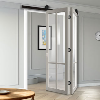 Image: SpaceEasi Top Mounted Black Folding Track & Double Door - Eco-Urban® Bronx 4 Pane Solid Wood Door DD6315G - Clear Glass - Premium Primed Colour Options
