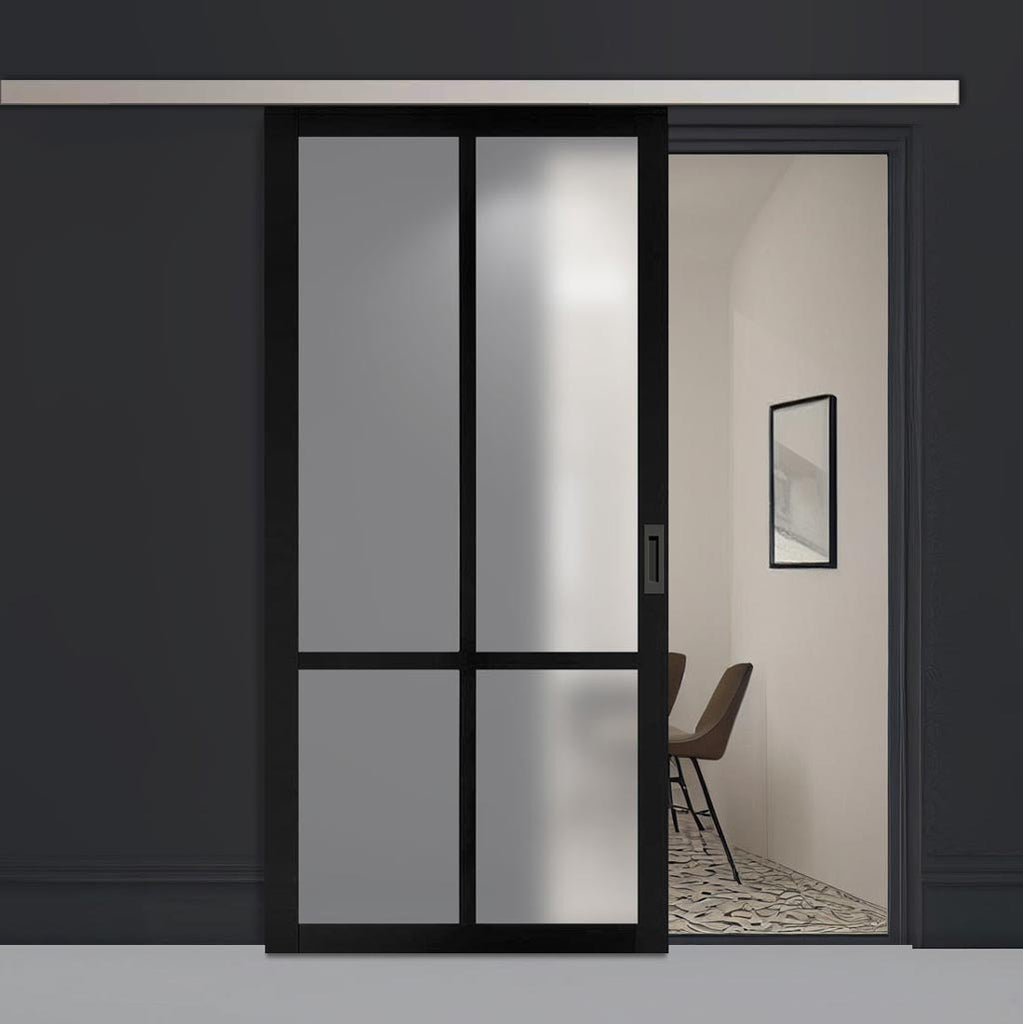 Single Sliding Door & Premium Wall Track - Eco-Urban® Bronx 4 Pane Door DD6315SG - Frosted Glass - 6 Colour Options